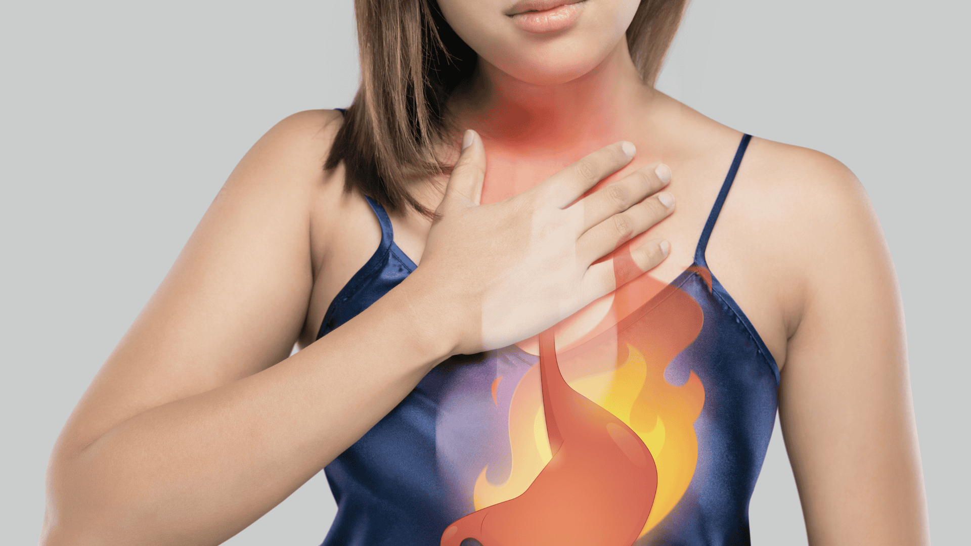 Woman experiencing acid reflux symptoms, holding her chest, with visual representation of stomach contents and flames indicating irritation in the esophagus, relevant to functional nutrition strategies for GERD relief.